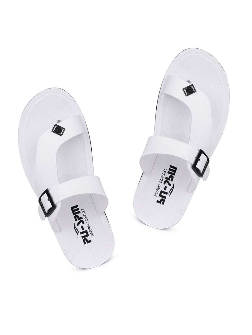 white leatherette slip on sandals