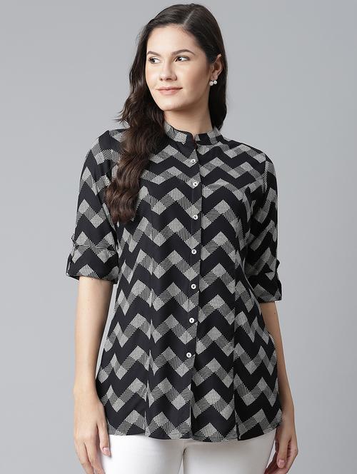 black mandarin neck printed tunic - 17906615 -  Standard Image - 0