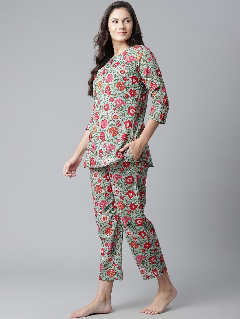 notch neck printed nightwear pajama set - 17906719 -  Standard Image - 1