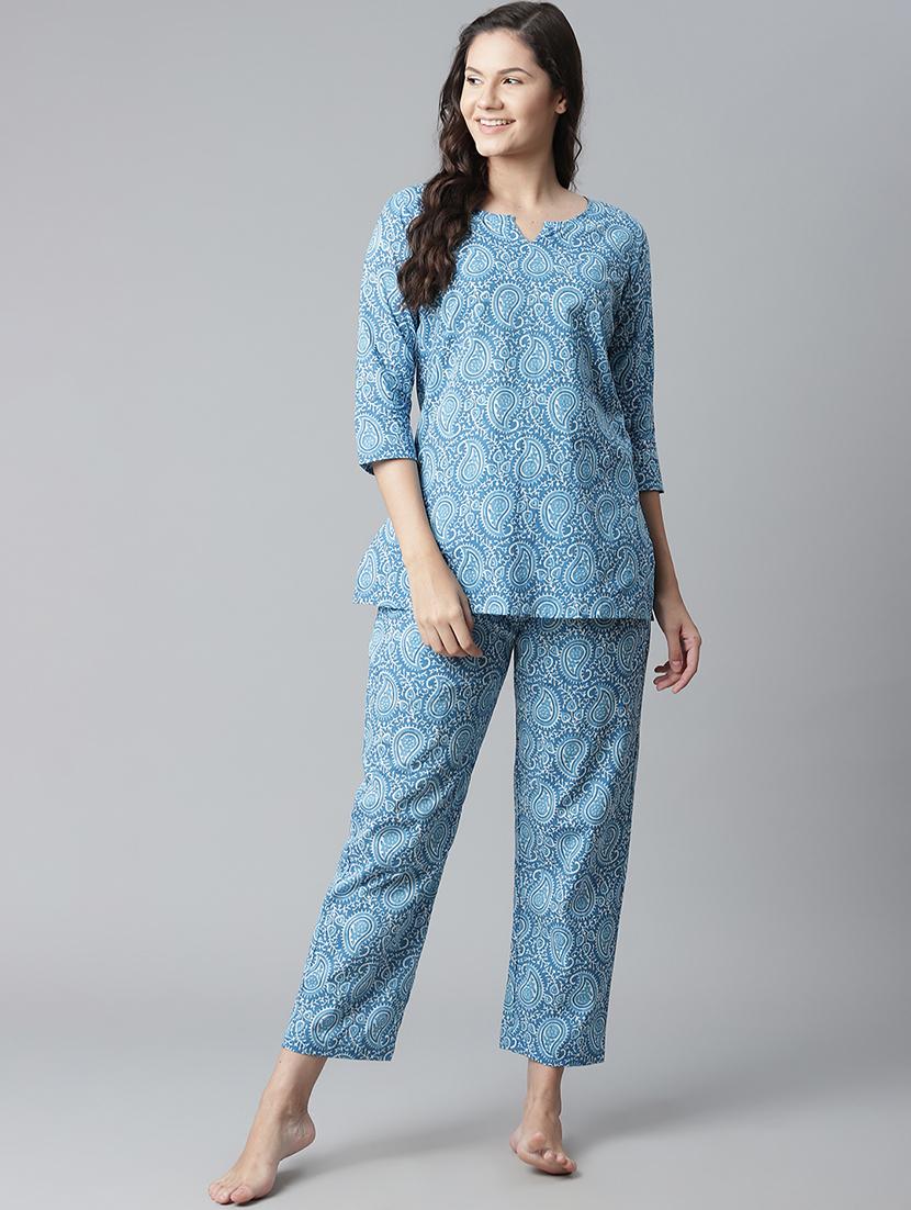 notch neck printed nightwear pajama set