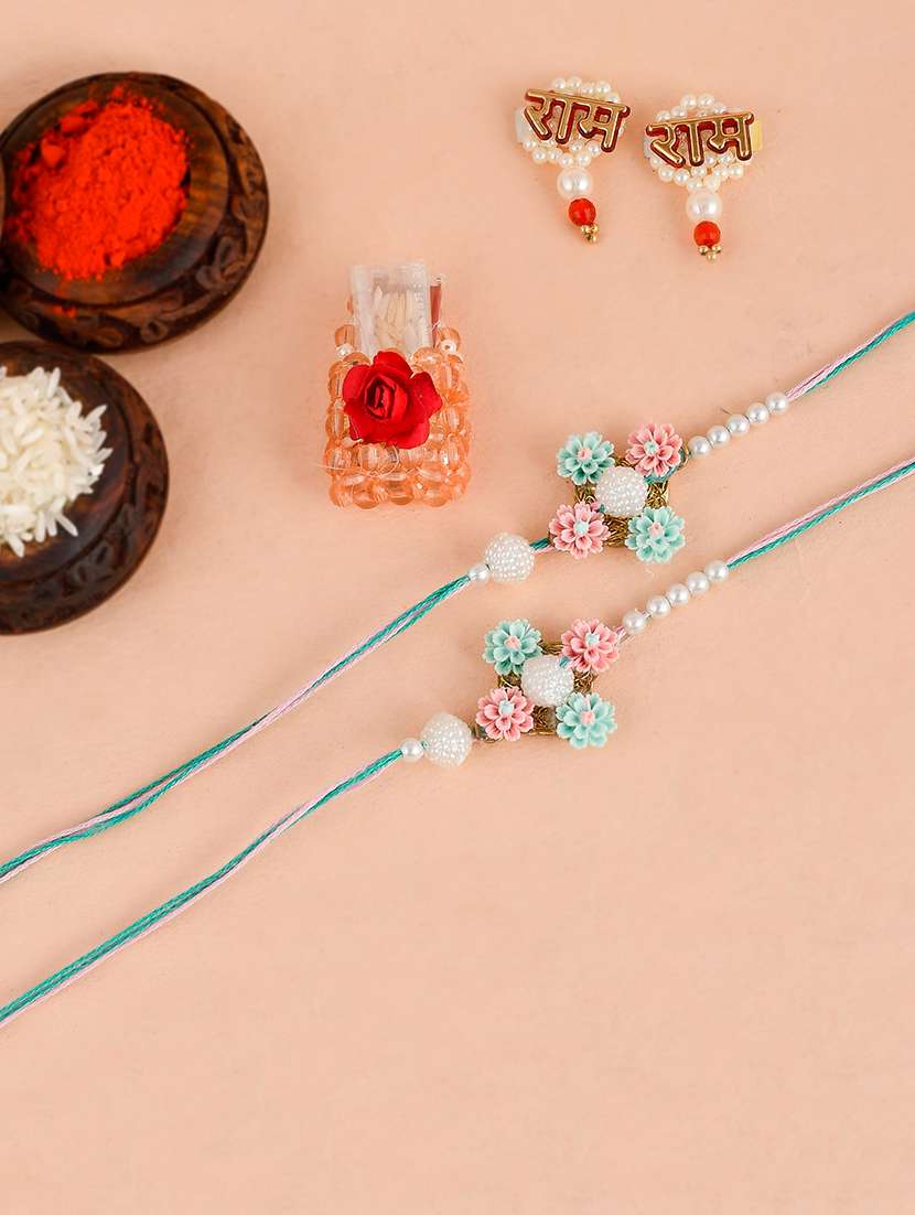 set of 2 thread rakhi with roli chawal 