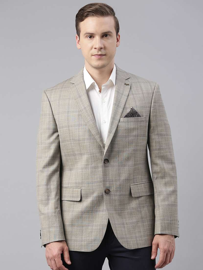 beige checkered single breasted casual blazer