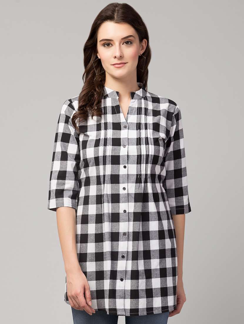 mandarin neck checkered tunic