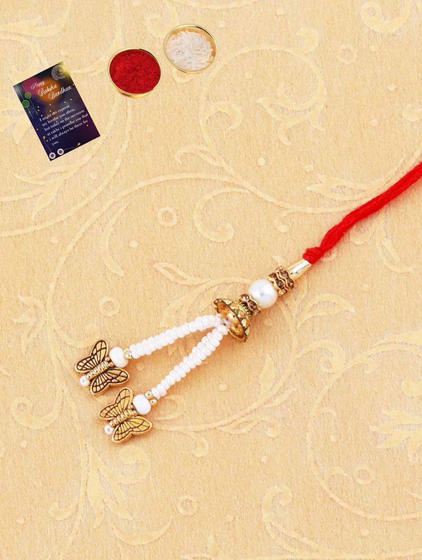set of 2 thread rakhi with roli chawal and greeting card - 17909867 - Standard Image - 1