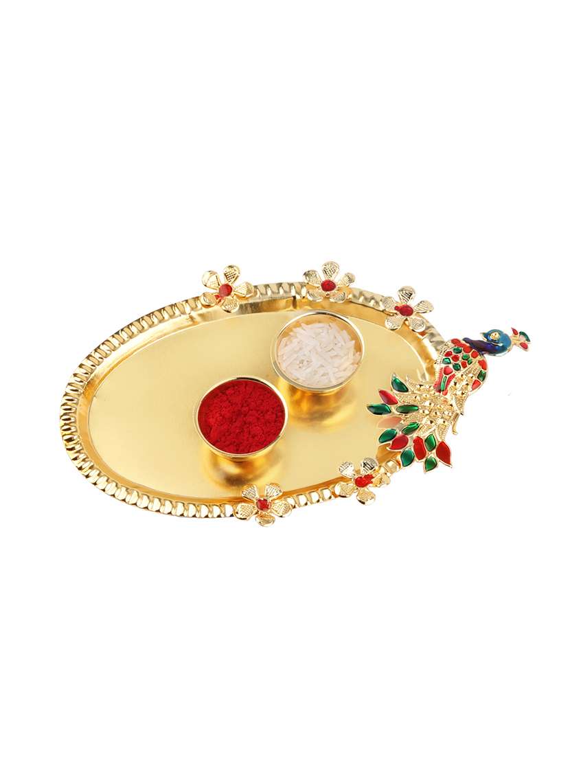 set of 2 rakhi with roli chawal kankawati thali and greeting card - 17909900 - Standard Image - 4