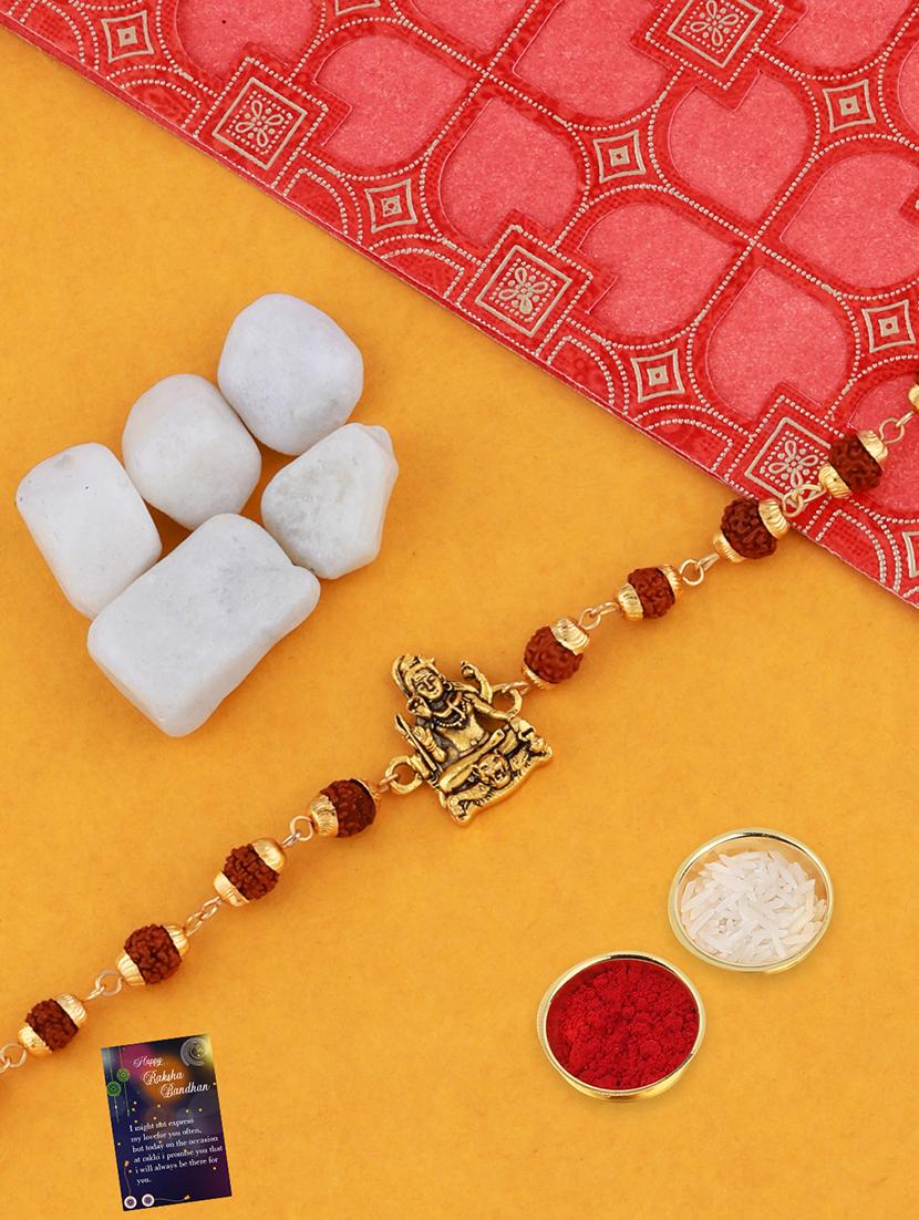 set of 2 gold plated thread rakhi with roli chawal and greeting card - 17910068 - Standard Image - 1