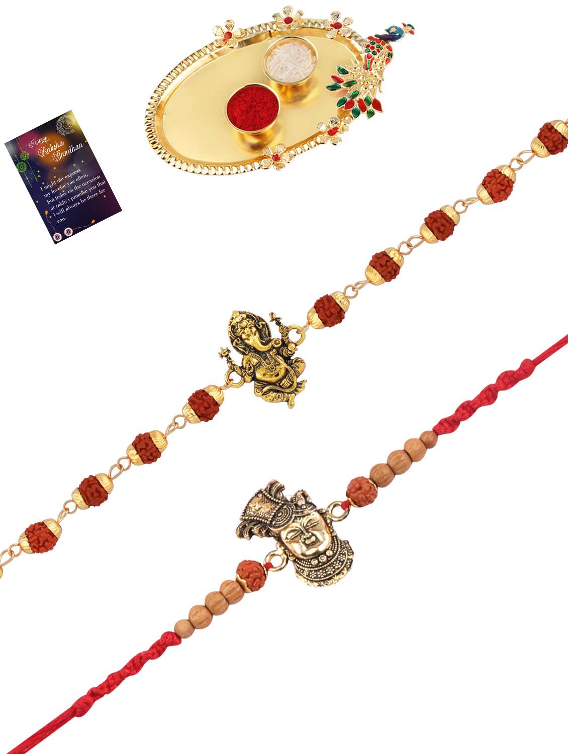 pack of 2 rakhi with roli chawal pooja thali & greeting card - 17910087 -  Standard Image - 1