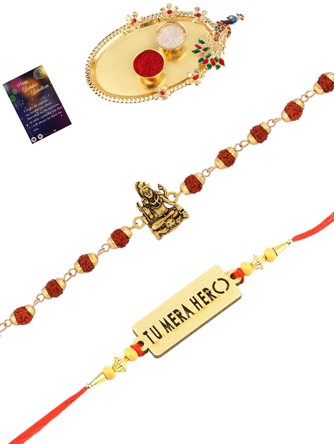 pack of 2 rakhi with roli chawal pooja thali & greeting card - 17910110 - Standard Image - 1