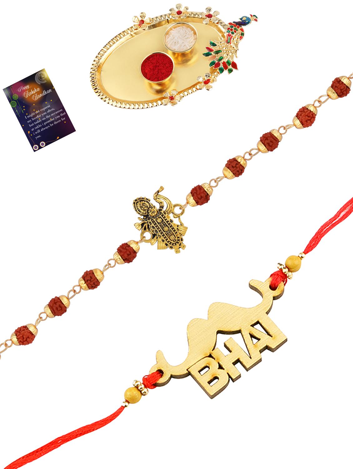 pack of 2 rakhi set with roli chawal, greeting card and kankawati pooja thali - 17910130 - Standard Image - 1