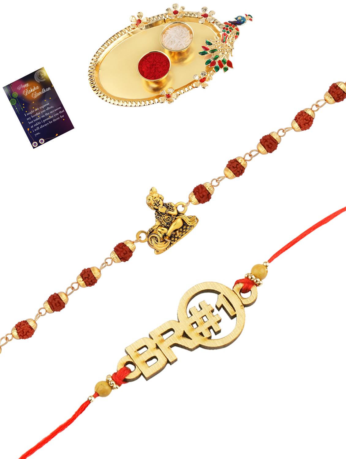 pack of 2 rakhi set with roli chawal, greeting card and kankawati pooja thali - 17910148 - Standard Image - 1