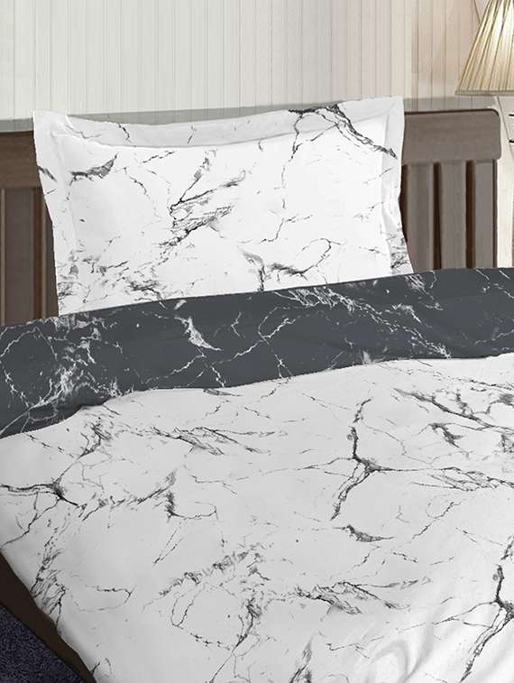 pizuna linen marmor white black 100% cotton satin dohar set single size bed sheet with 1 pillow cover (54" x 90" inches) - 17910752 -  Standard Image - 1
