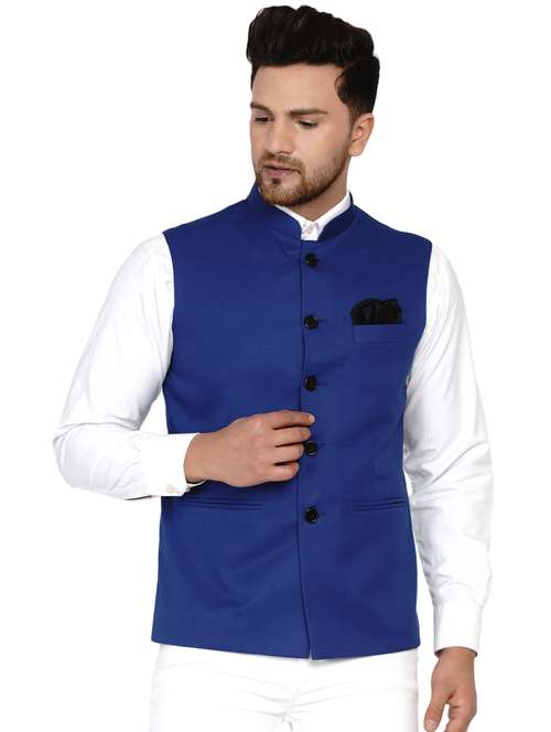 blue solid nehru jacket - 17911739 -  Standard Image - 0