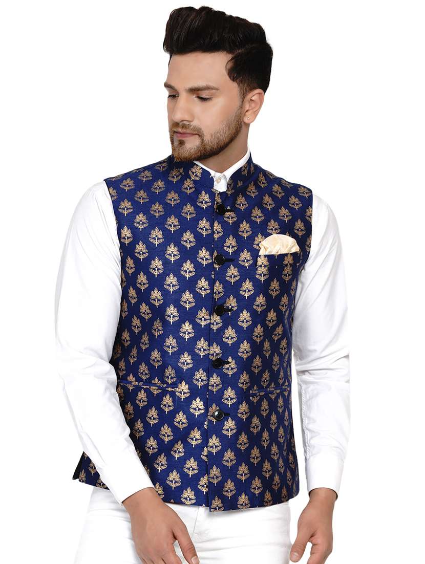 blue printed silk nehru jacket