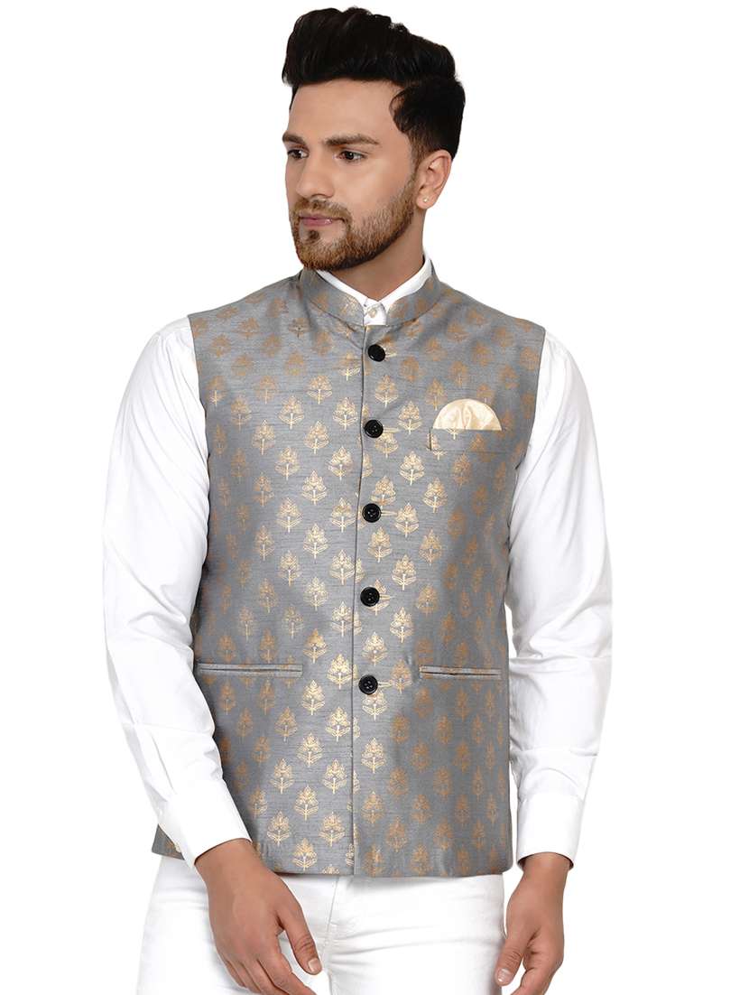 grey printed silk nehru jacket