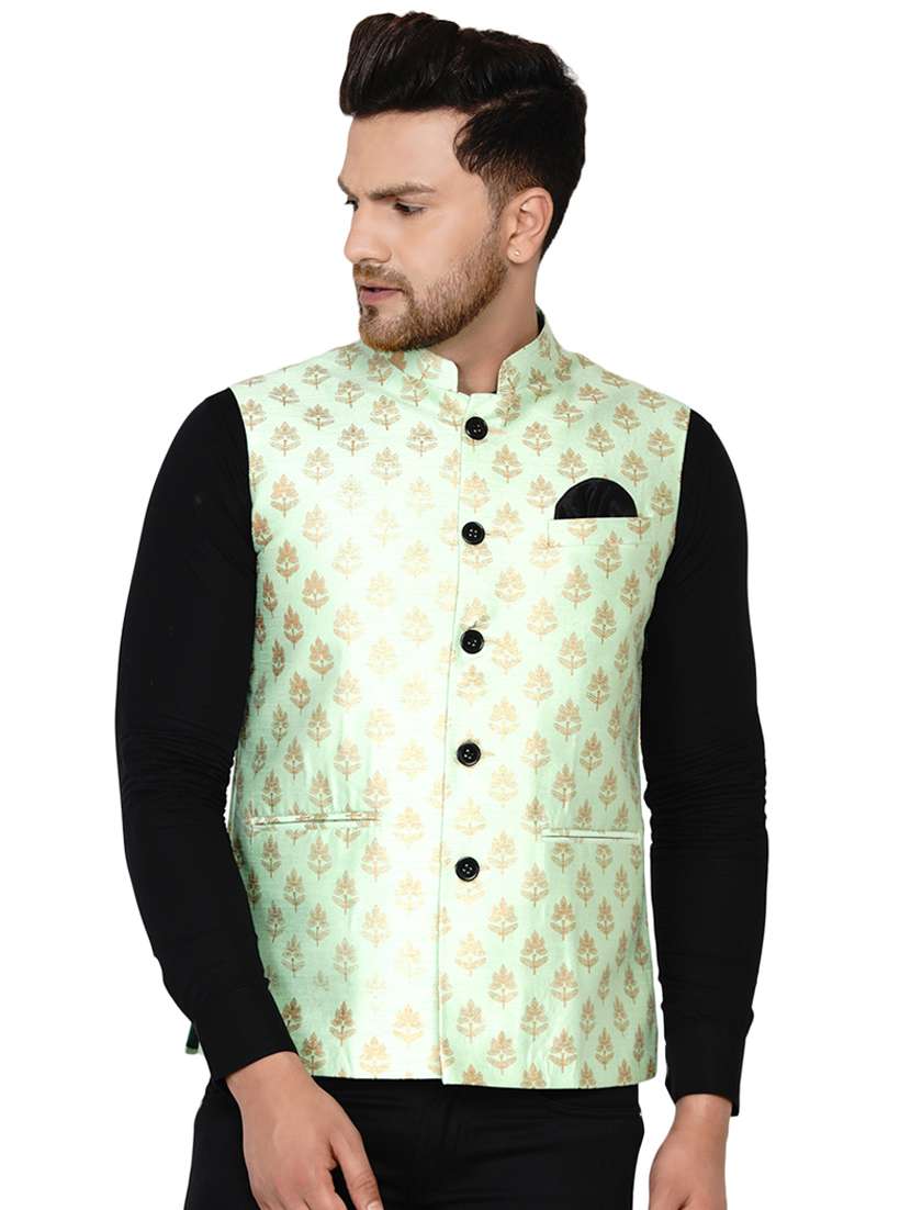 green printed silk nehru jacket