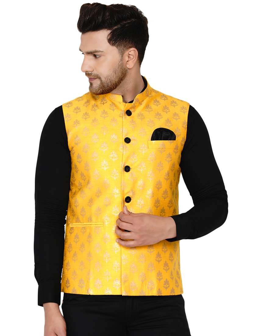 yellow printed silk nehru jacket
