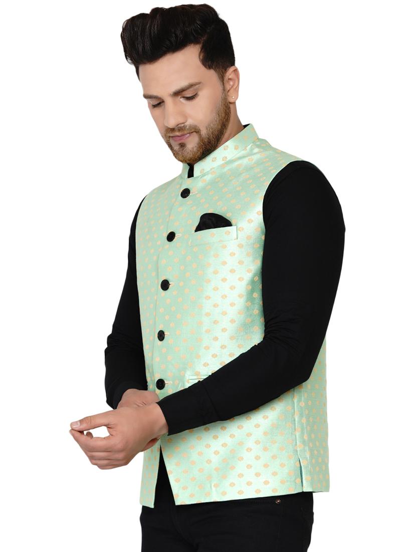 green printed silk nehru jacket - 17911754 - Standard Image - 1