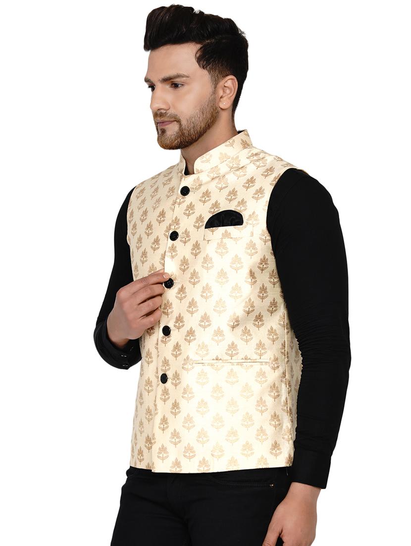off white printed silk nehru jacket - 17911759 - Standard Image - 1