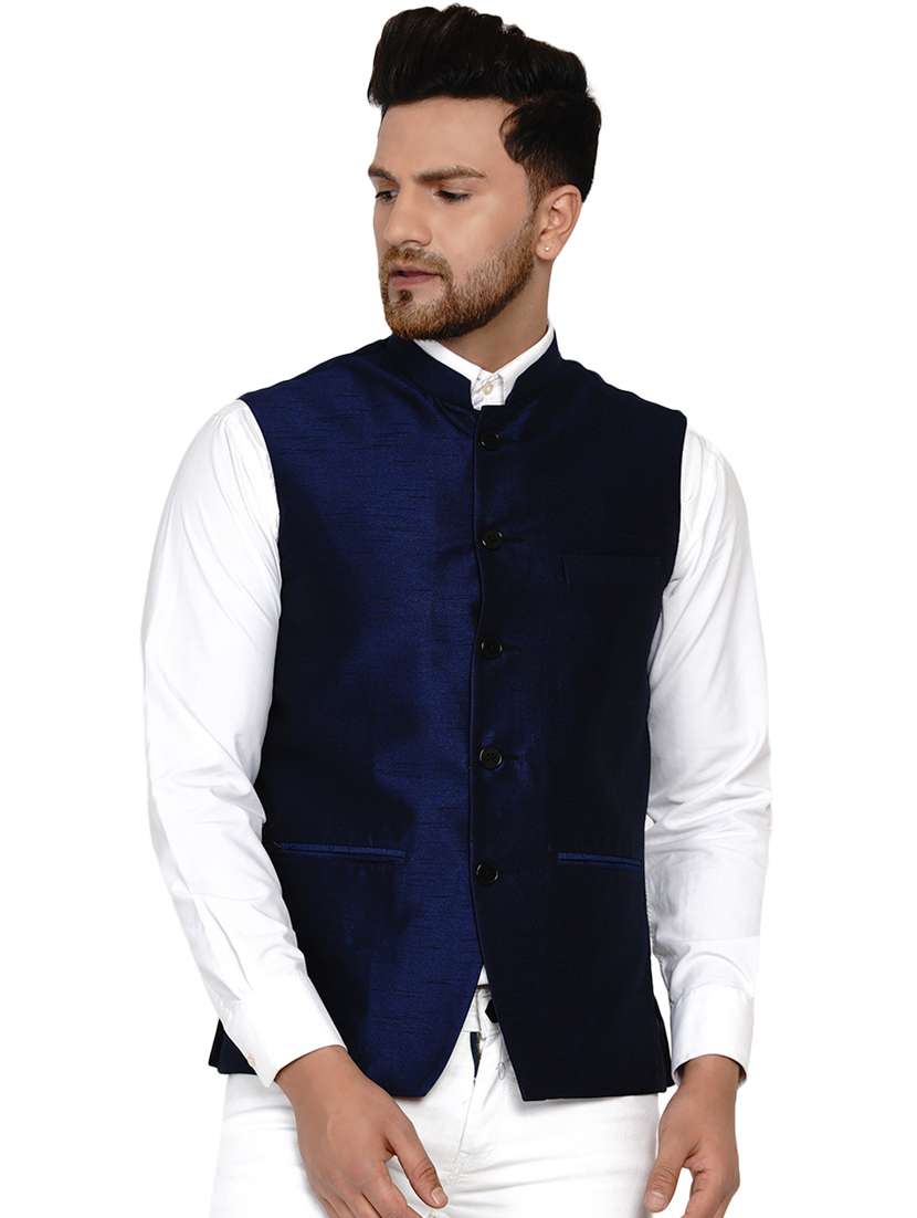 navy blue solid silk nehru jacket