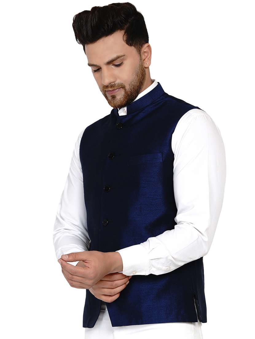 navy blue solid silk nehru jacket - 17911762 -  Standard Image - 1