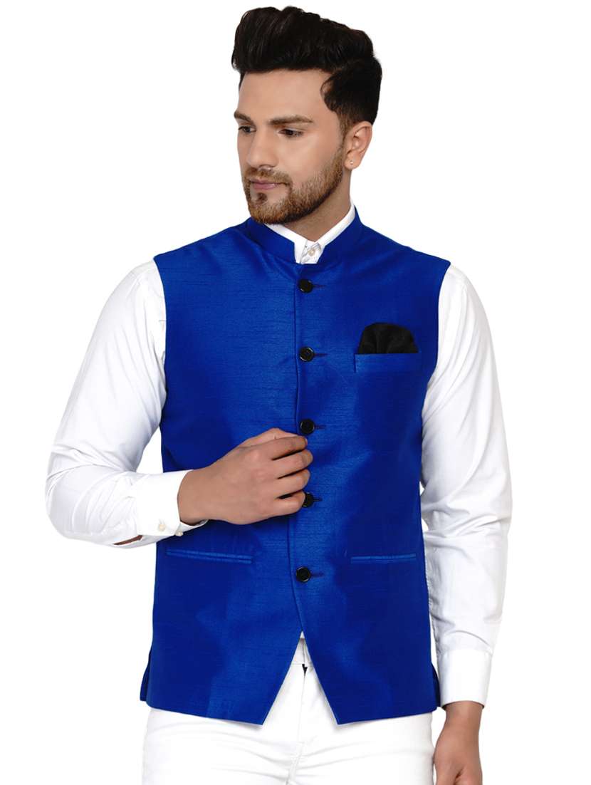 blue solid silk nehru jacket