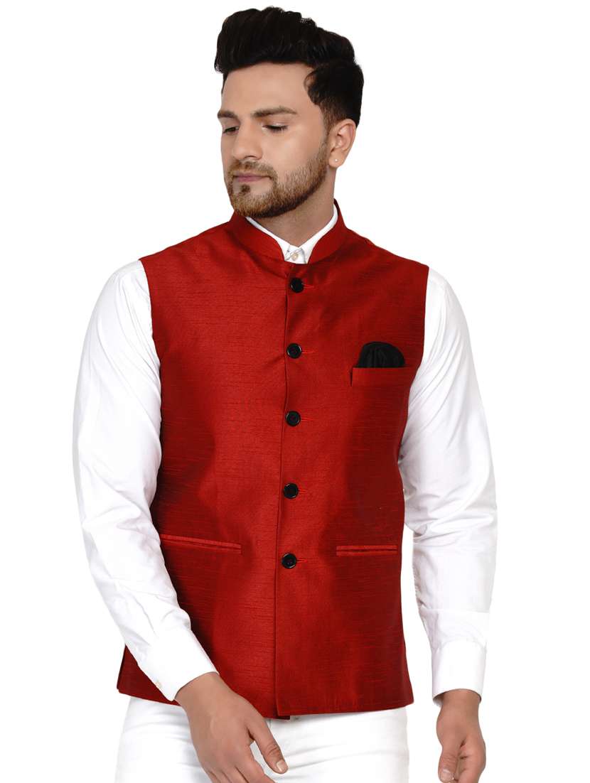 red solid silk nehru jacket