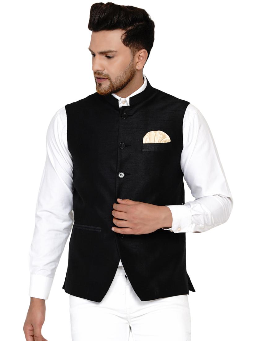 black solid silk nehru jacket - 17911765 - Zoom Image - 0