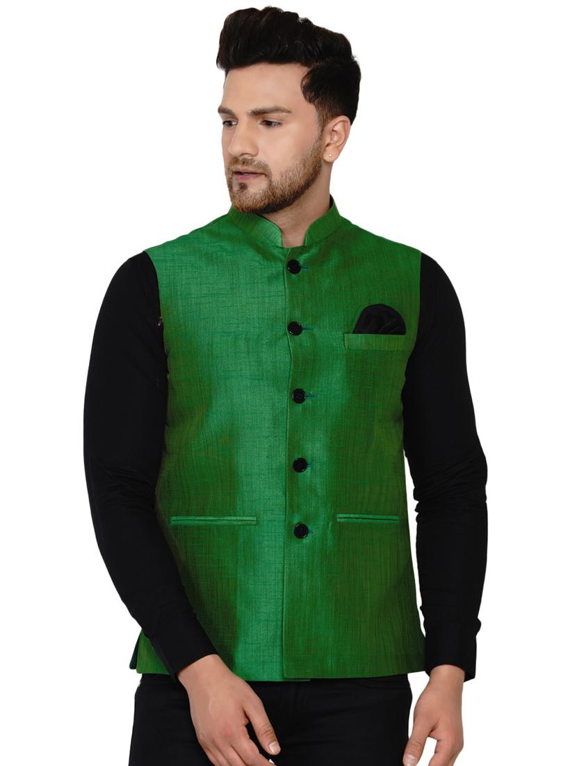 green solid silk nehru jacket - 17911766 - Zoom Image - 0