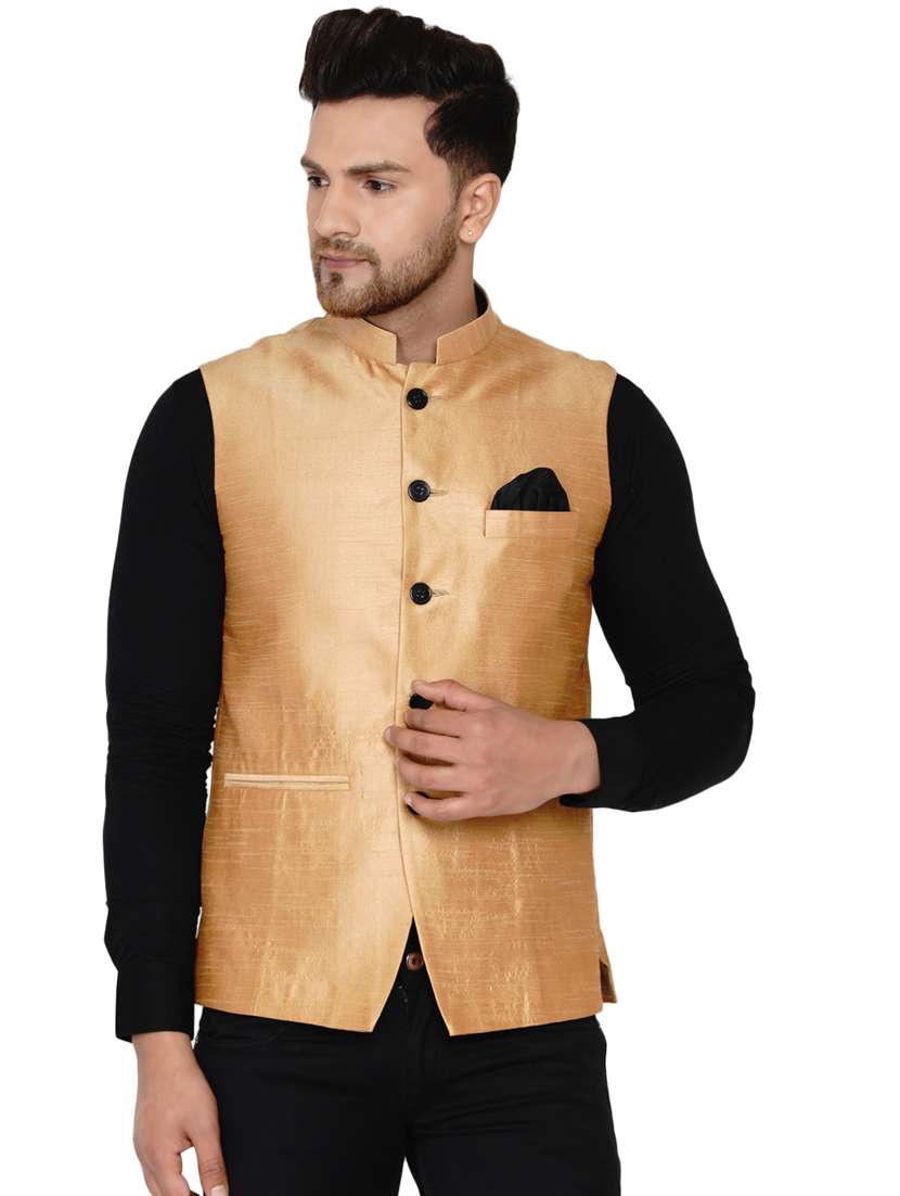 brown solid silk nehru jacket