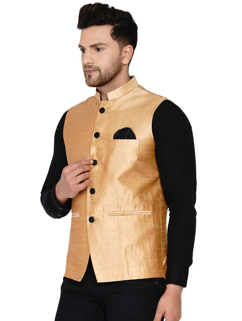 brown solid silk nehru jacket - 17911768 -  Standard Image - 1