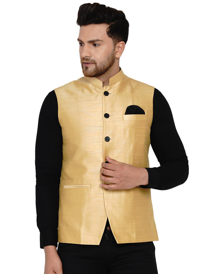 gold solid silk nehru jacket - 17911770 - Zoom Image - 0