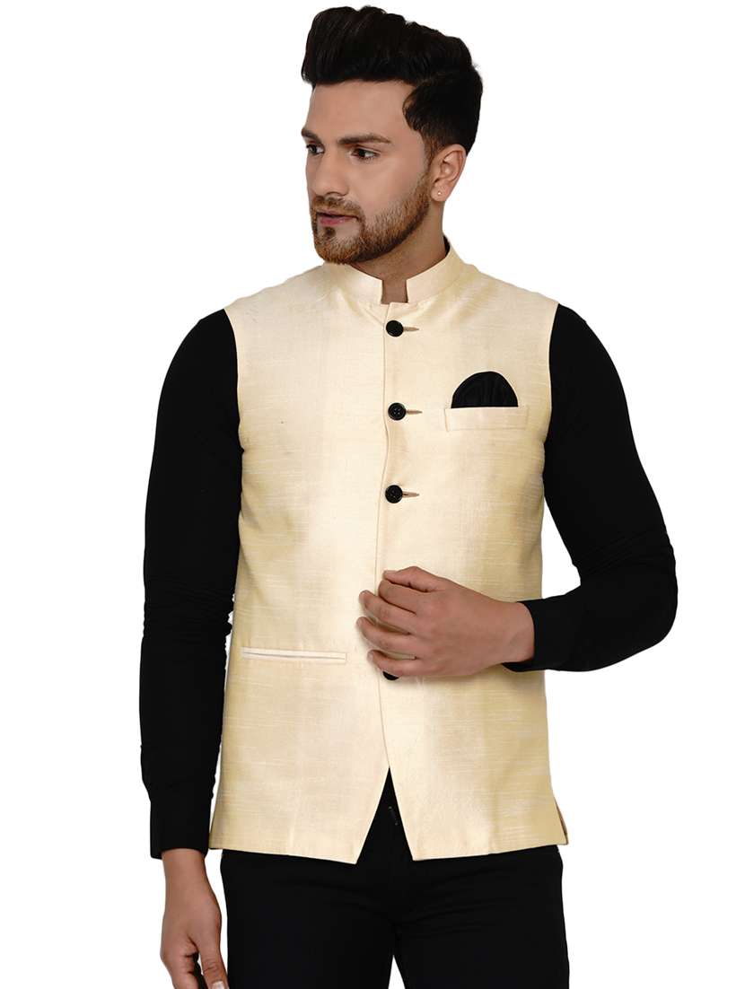 beige solid silk nehru jacket