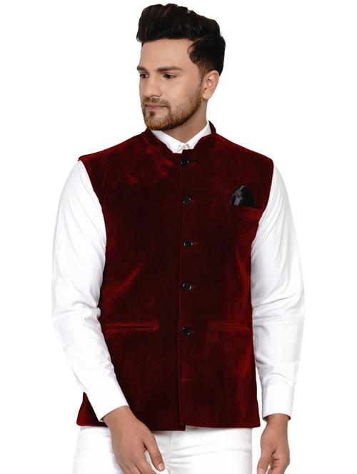 maroon solid nehru jacket - 17911774 - Standard Image - 0