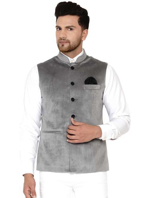 grey solid nehru jacket - 17911775 - Standard Image - 0