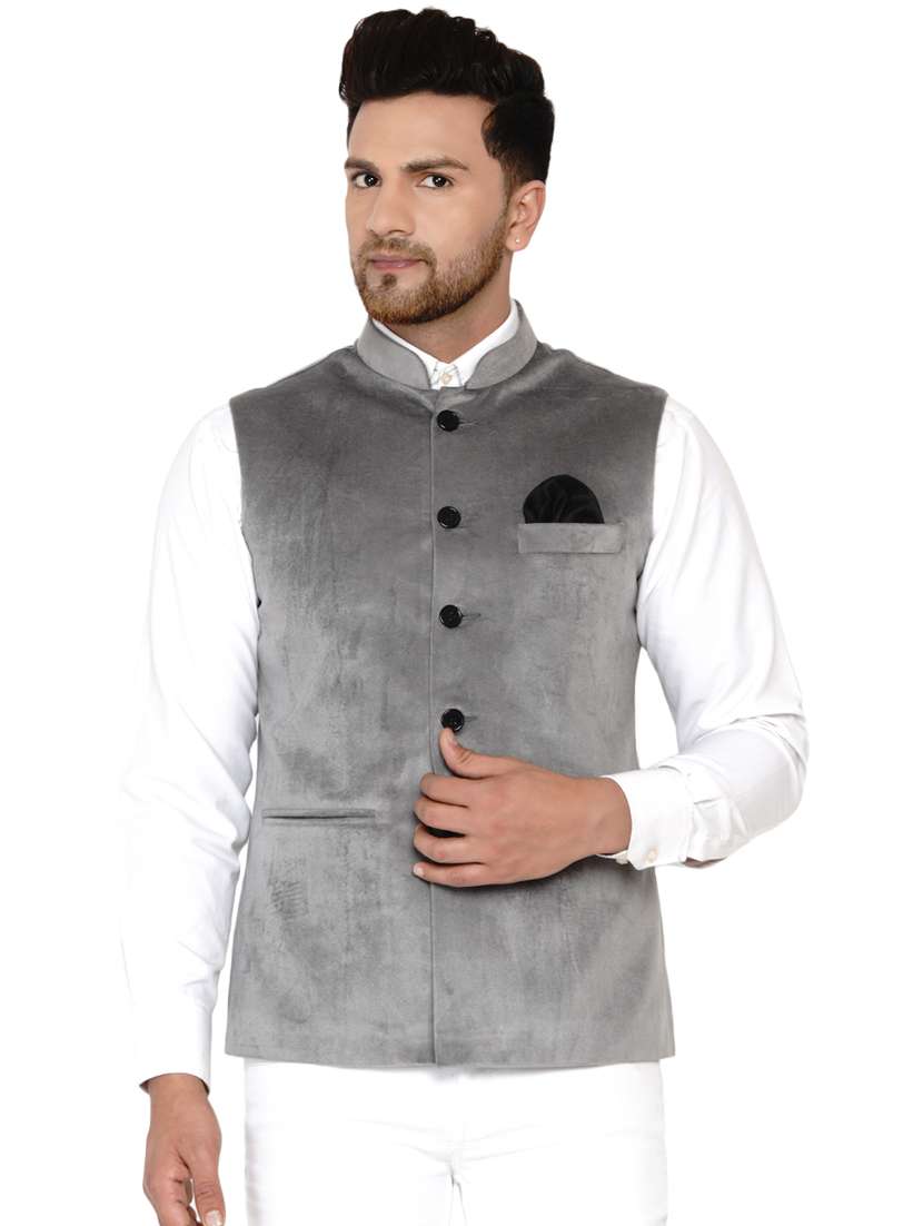 grey solid nehru jacket - 17911775 - Zoom Image - 0