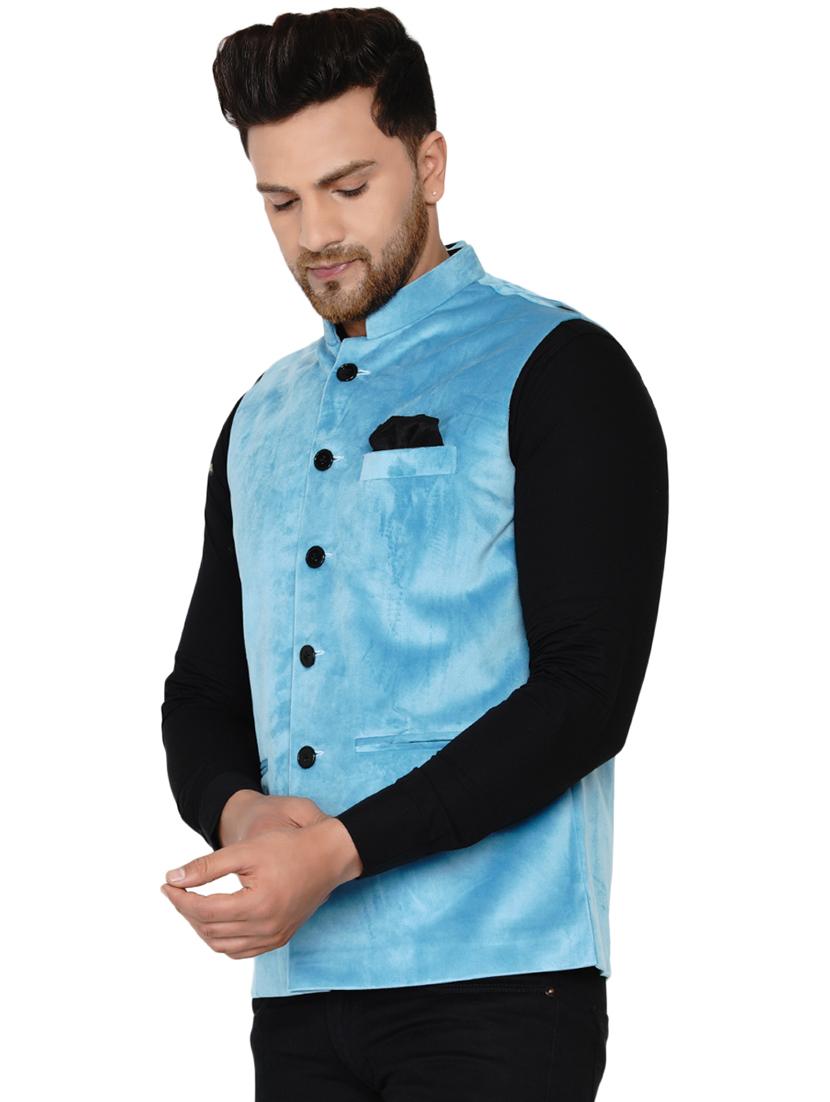 blue solid nehru jacket - 17911776 -  Standard Image - 1