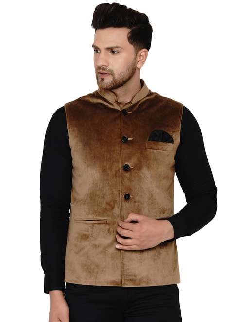 brown solid nehru jacket - 17911777 - Standard Image - 0