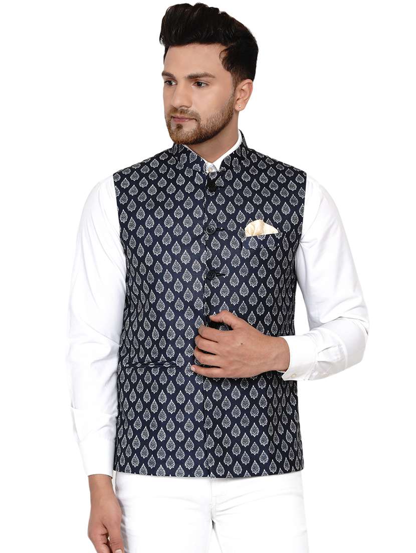 blue printed nehru jacket