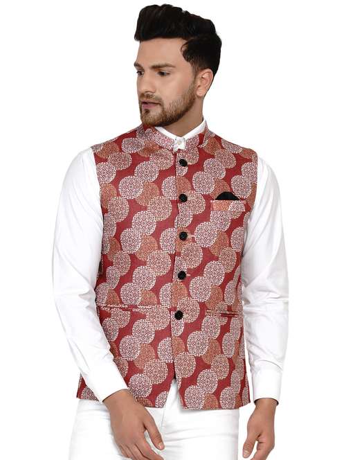 red printed nehru jacket - 17911786 - Standard Image - 0