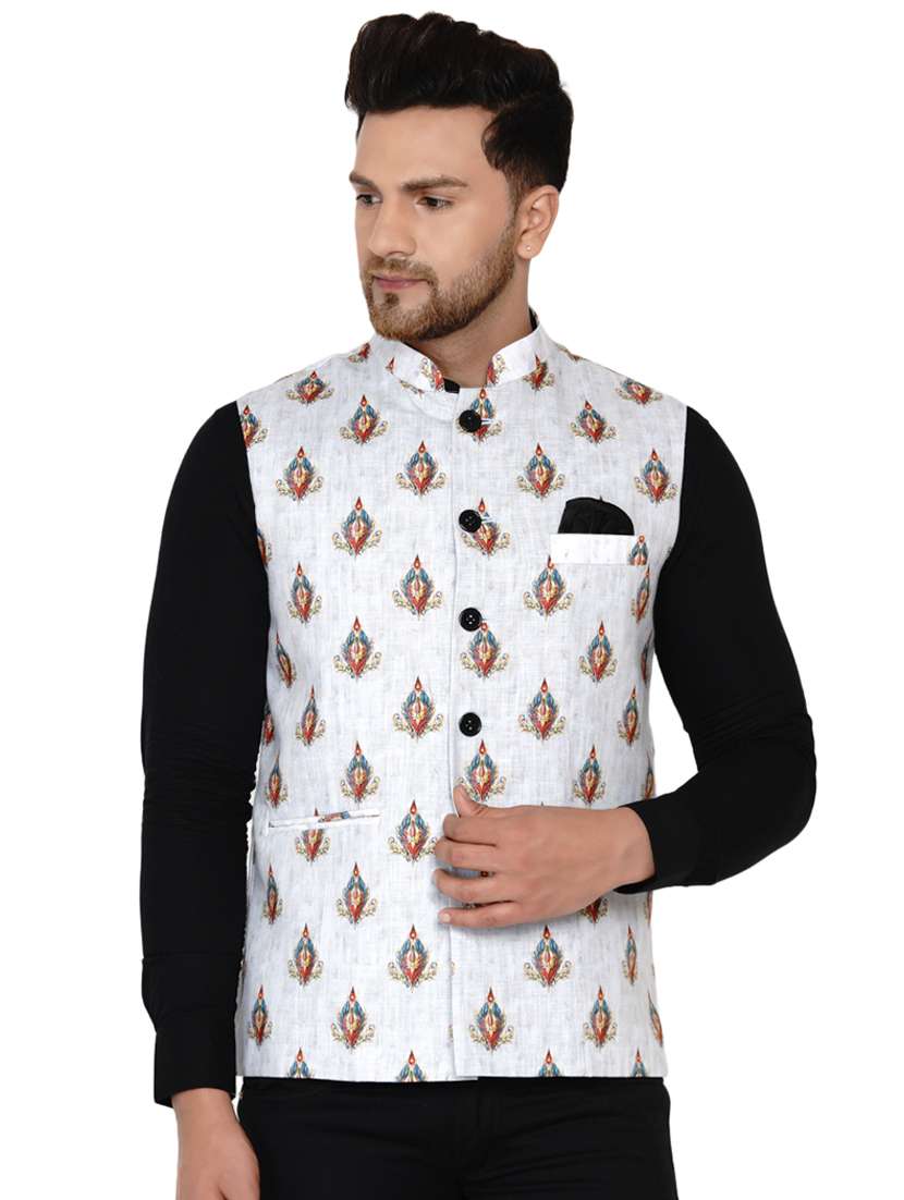 white printed nehru jacket