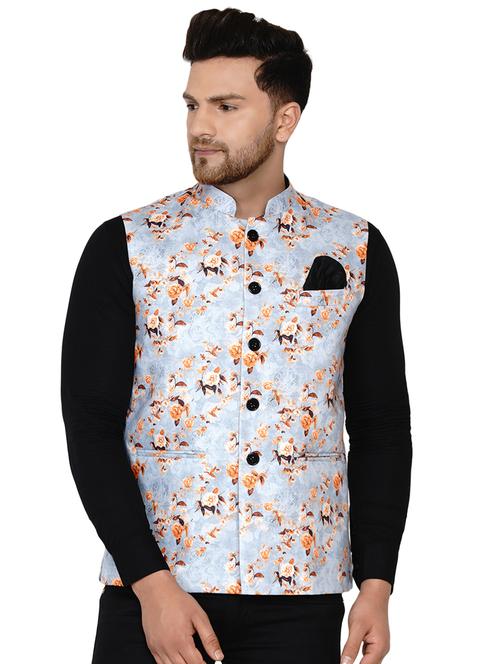 grey printed nehru jacket - 17911790 - Standard Image - 0