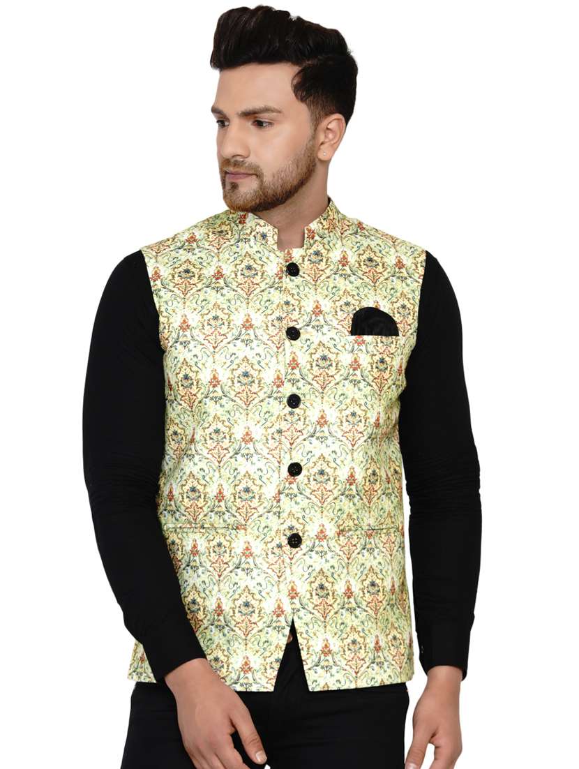 green printed nehru jacket
