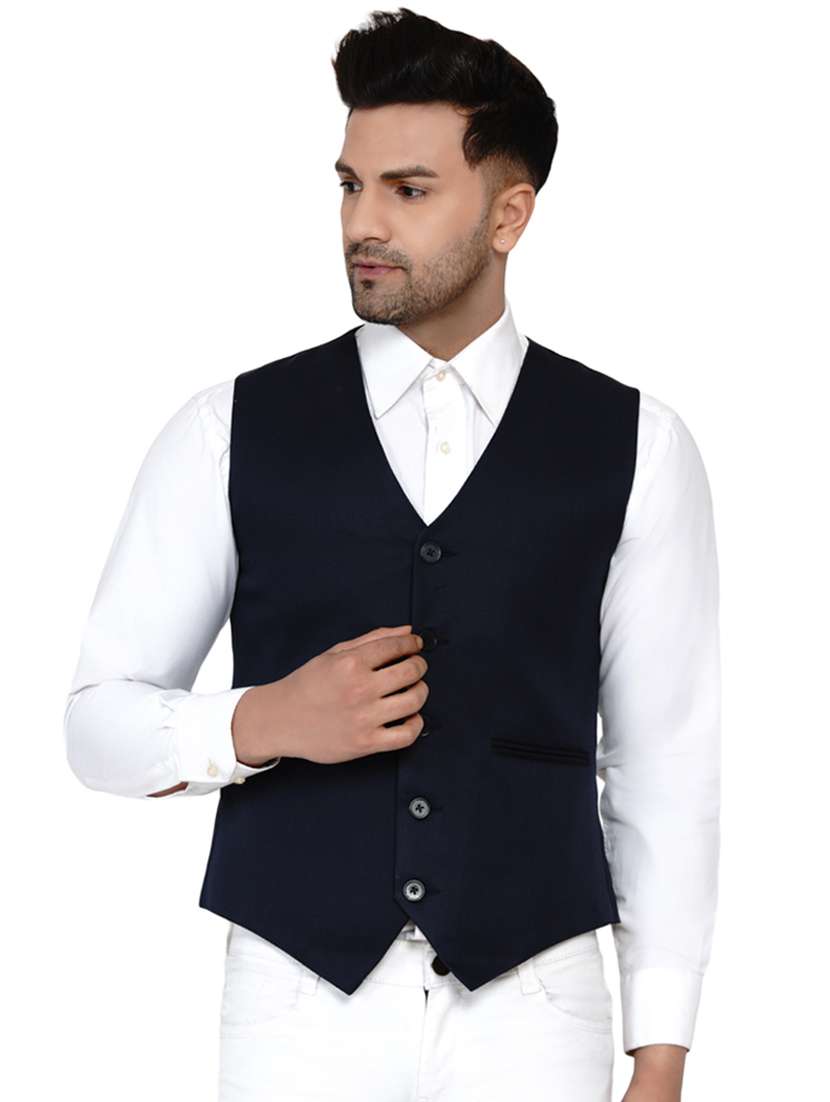 navy blue solid classic waist coat