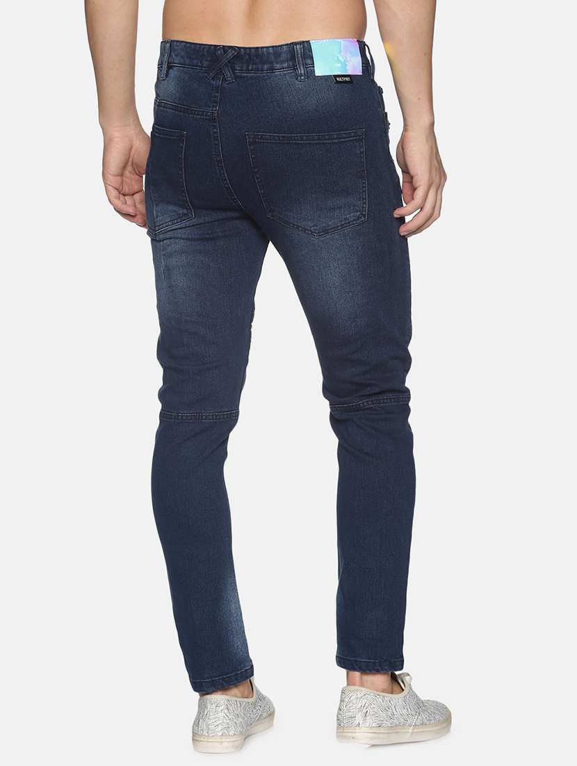 Buy online Dark Blue Light Washed Ripped Biker Denim Jean from