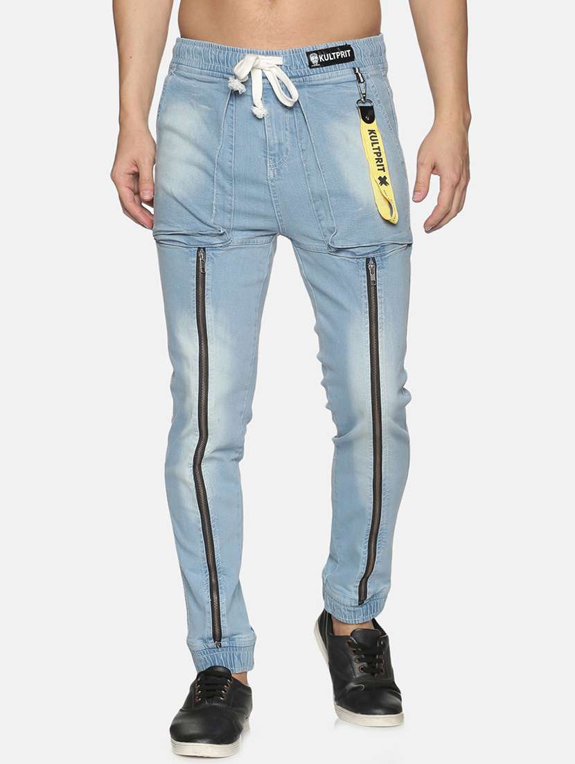 blue washed taped denim joggers