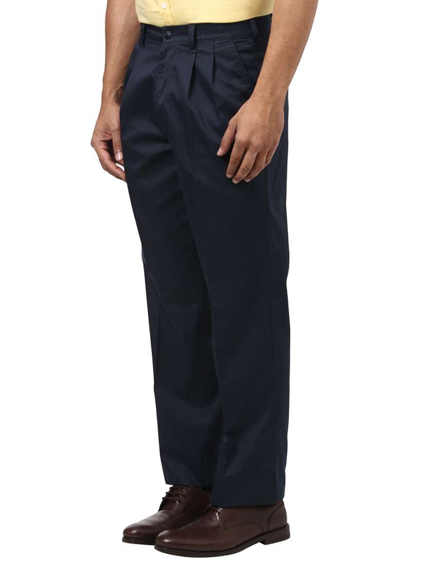 navy blue solid pleated casual trouser - 17916854 -  Standard Image - 1