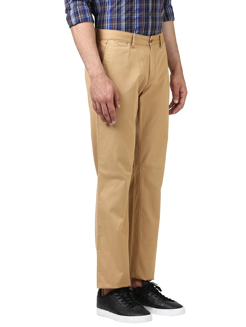 khaki solid flat front casual trouser - 17916916 - Standard Image - 1