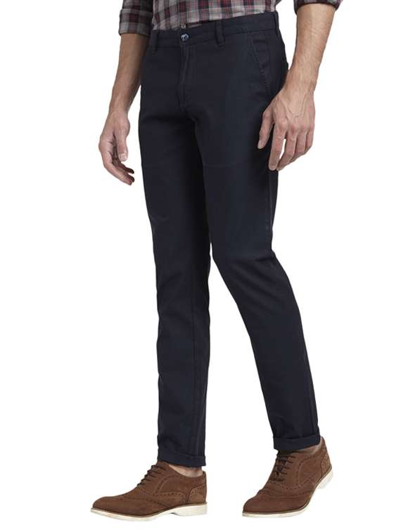 navy blue textured flat front casual trouser - 17916926 - Standard Image - 1