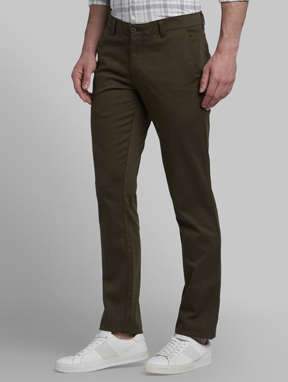 olive green solid flat front casual trouser - 17916970 - Standard Image - 1