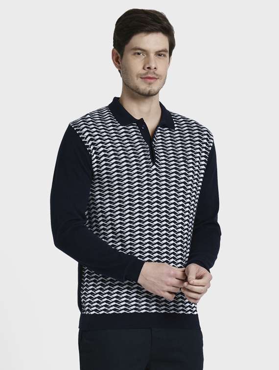 navy blue self design polo t-shirt - 17917249 - Standard Image - 1